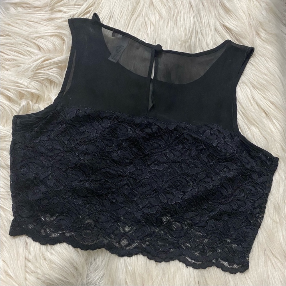 Mesh and Lace Crop Top with Button Neck Closure